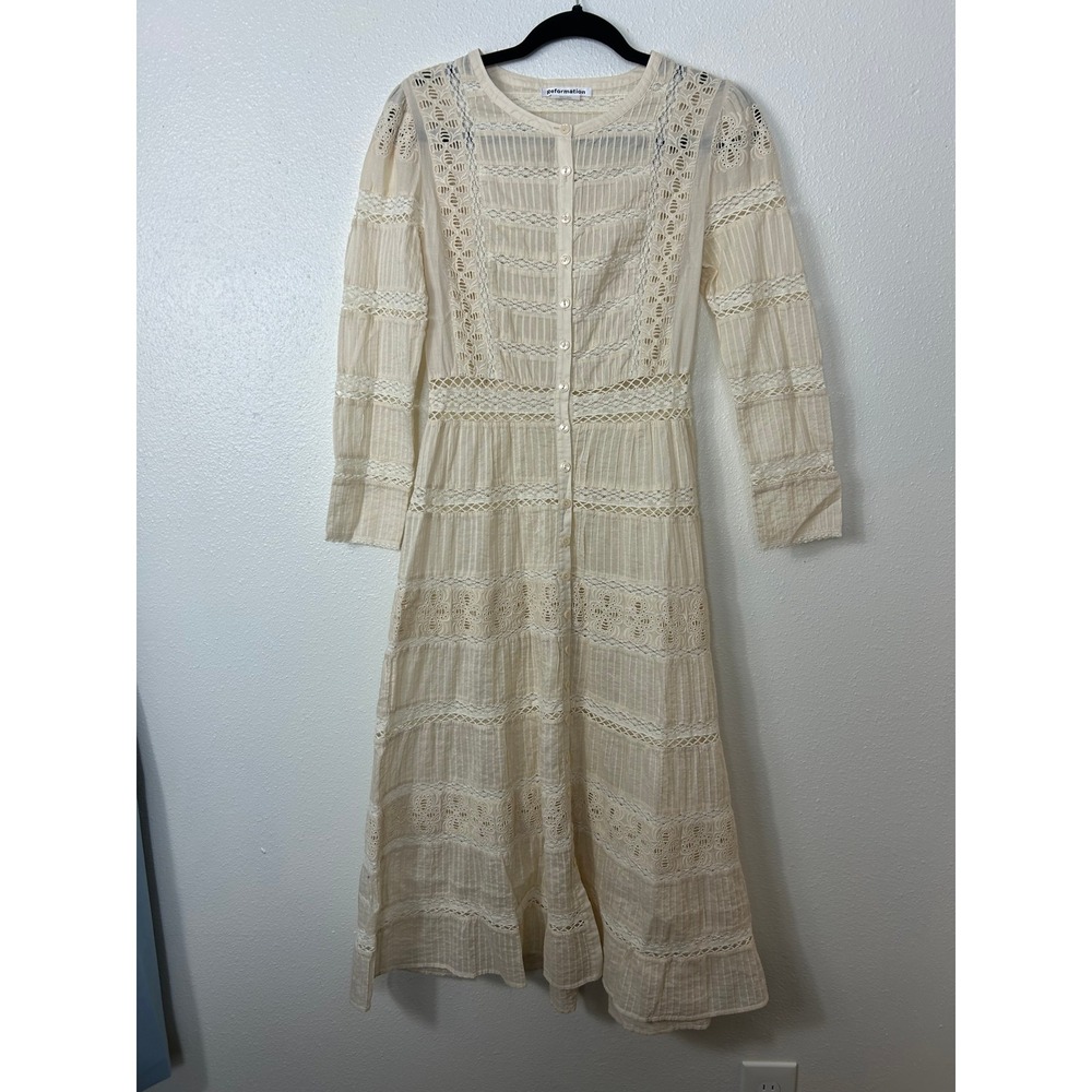 Reformation Elsie Long sleeve Lace Cotton Midi Dress Almond Sz 2 - Picture 2 of 8